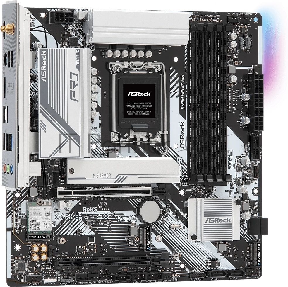Материнская плата ASRock B760M Pro RS WiFi, LGA 1700, Intel B760, 4xDDR5, 4xSATA, 3xM.2, 1xPCIe 5.0 x16, 1xPCIe 3.0 x16, 1xHDMI, 1xDP, 1x2.5Gb LAN, Wi-Fi 6E, Bluetooth 5.3, 1xUSB-C 5Gbps, 3xUSB-A 5Gbps, 2xUSB-A 2.0, 3x3.5 мм, 7.1, mATX