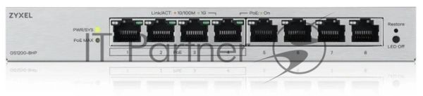 Коммутатор ZYXEL GS1200-8HPV3-EU0101F, 8×1 Гбит/с, 4×PoE+, 68 Вт, управляемый