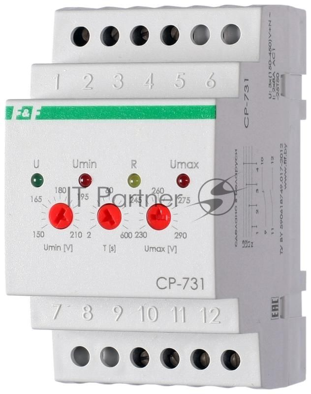 Реле напряжения CP-731 (трехфазный; микропроцессорный; контроль верхнего и нижнего значений напряжения; контроль ассиметрии; чередования фаз; монтаж на DIN-рейке 35мм 3х400/230+N 2х8А 1Z 1R IP20) F&F EA04.009.005