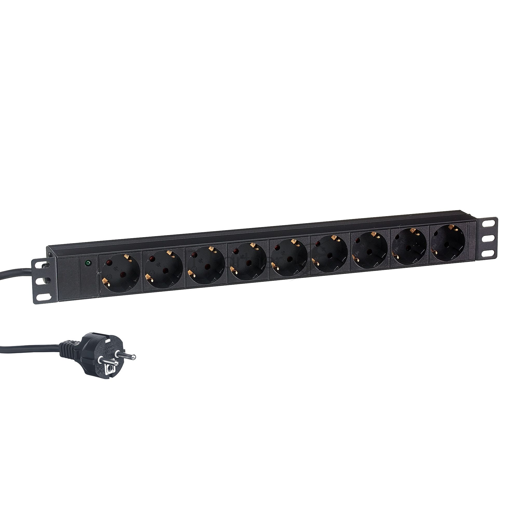 Блок розеток горизонтальный ExeGate ServerPro PDU-19H903 Al-9S-EU2, 19", 1U, Алюминий, 9 Schuko, кабель с евровилкой VDE-250V-16A-3*1.5мм2, 2 метра, черный
