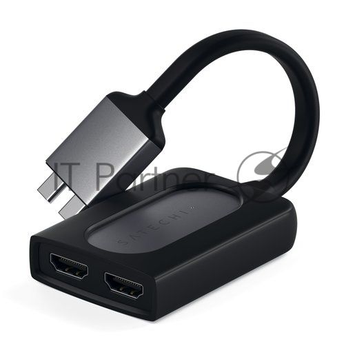 Адаптер Satechi Type-C Dual HDMI Adapter для MacBook с двумя портами USB-C (2019/2018 MacBook Pro, 2018 MacBook Air, 2018 Mac Mini). Порты 2 x HDMI 4K 60Hz, 1 x USB-C PD. Цвет серый космос.