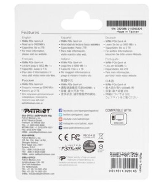 Накопитель SSD Patriot P400 Lite 1Tb M.2 2280 NVMe PCle 4.0 x4 R3500/W2700 TbW 560Tb 3D NAND with HS