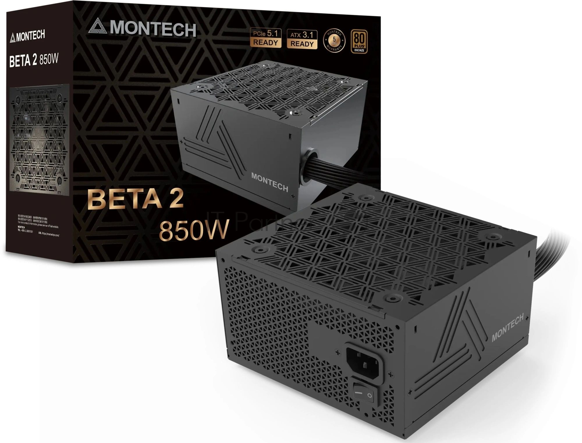 Блок питания Montech BETA 2 850W, 850Вт, 80+ Bronze, 120мм, немодульный, черный