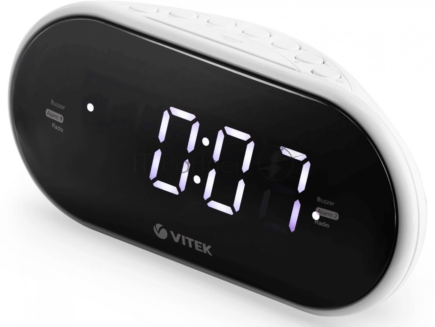 Будильник Vitek VT-6602 BK по 2 значения каждый. Диапазон частот FM 87,5-108 МГц. Мощность 5 вт. Размер дисплея 1,2 дюйм. Сигнал будильника зуммер / радио. Кнопка короткого сна. Таймер отключения. Тип тюнера цифровой. символов дисплея синий. корпуса черны