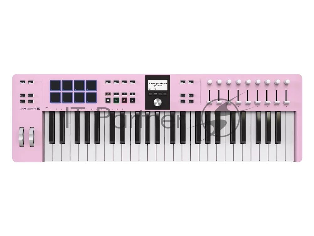 Клавиатура MIDI 231525 Arturia KeyLab Essential 49 mk3 Rose Quartz 49 клавиш, LCD дисплей, 9 энкодеров, 8 пэдов, 9 фейдеров, 12 кнопок управления, колеса высоты тона и модуляции, 1/4" Jack вход для педали, MIDI выход, Type-C