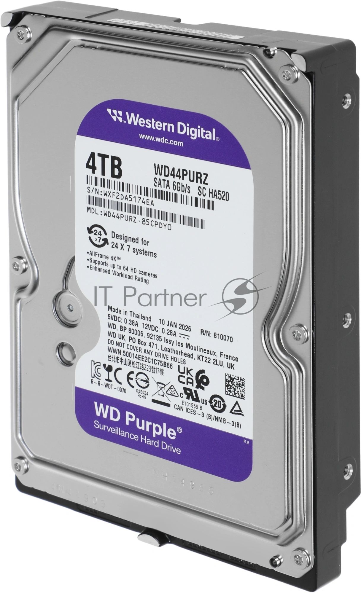 Жесткий диск Western Digital 4TB 5400 Purple Pro Surveillance, Cache 128MB