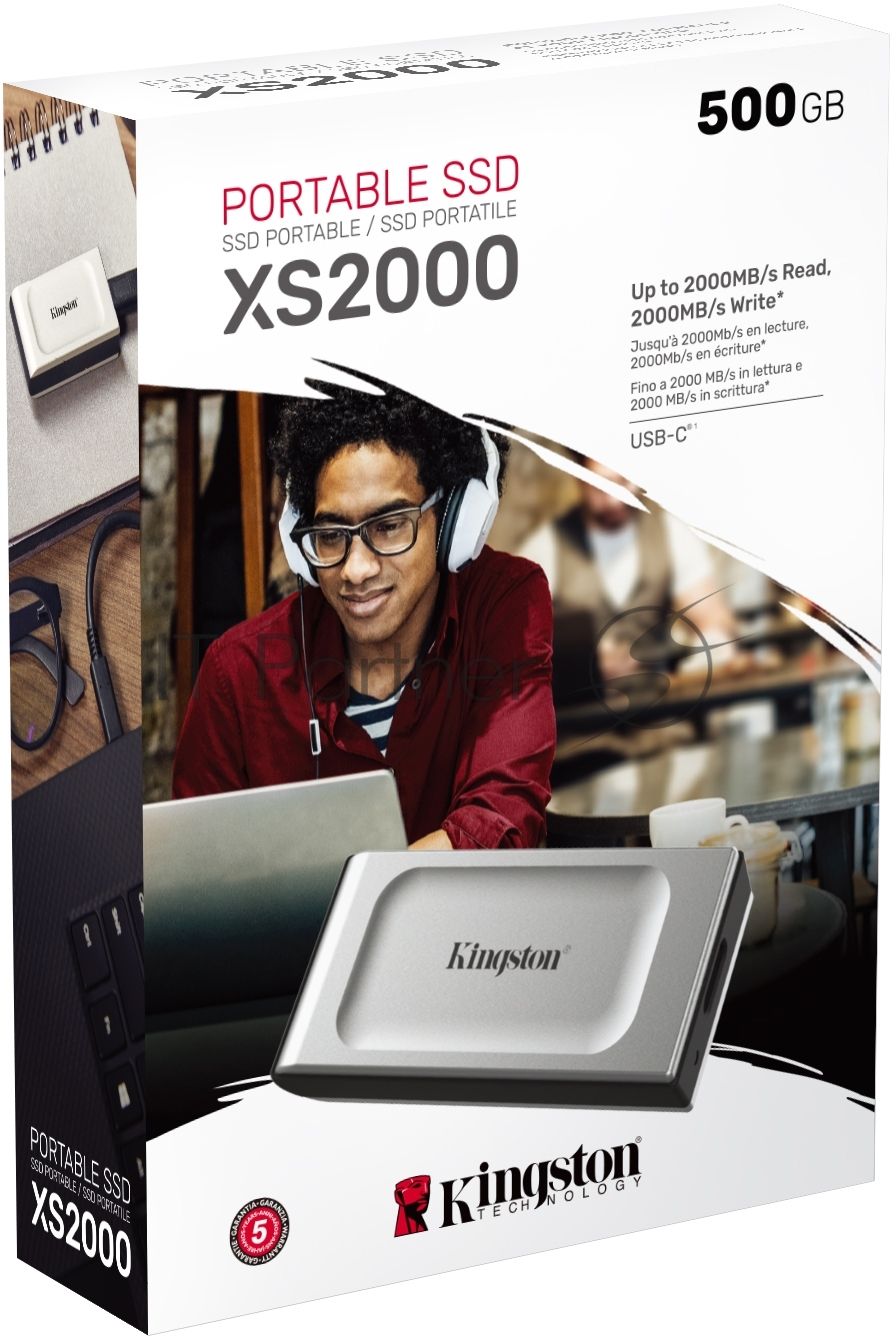 Внешний SSD Kingston XS2000, 2TB, USB 3.2 Gen 2x2 Type-C, R/W 2000/2000, серебристый