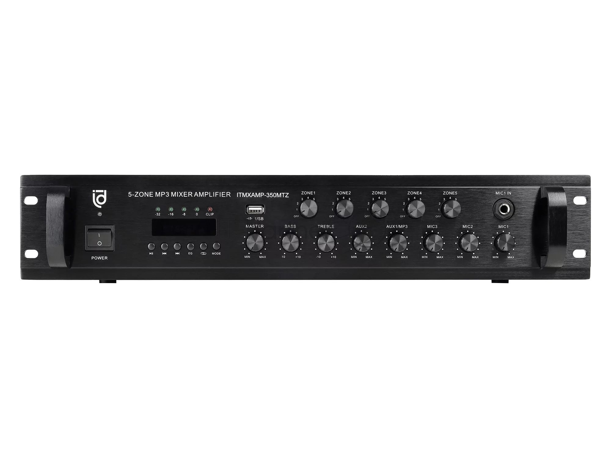 Микшер-усилитель Intrend ITMXAMP-350MTZ зональный, 5 зон. MP3, FM-тюнер, USB, Bluetooth, 3хMic/2хLine входы, 1хLine выход, 350 Вт, 4-16 Ом/100V, IR-пульт в комплекте