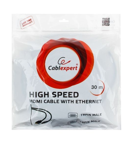 Кабель Cablexpert HDMI CC-HDMI4-30M, 19M/19M, v1.4, медь, позол.разъемы, экран, усилитель сигнала, 30м, черный, пакет