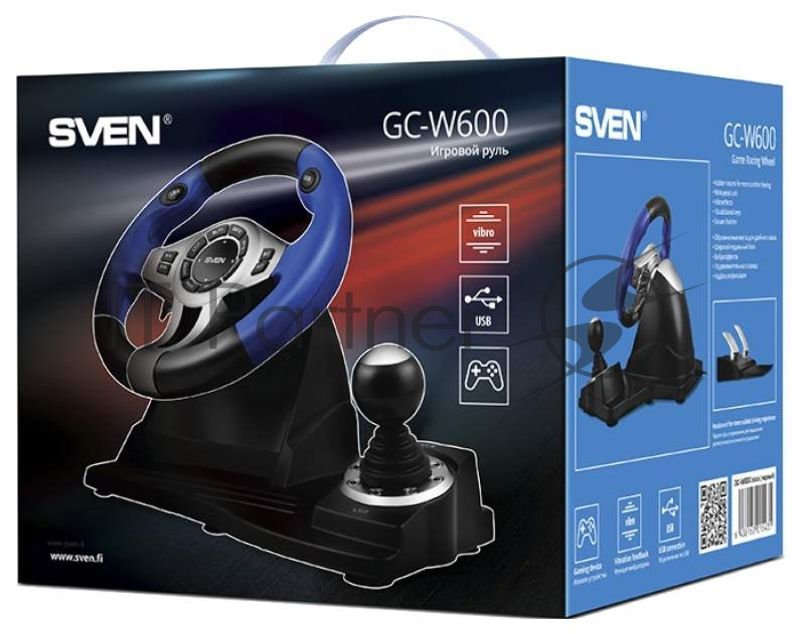 Руль черный Sven GC-W600 (виброотдача, педали, джойстик, 12 кн., USB)