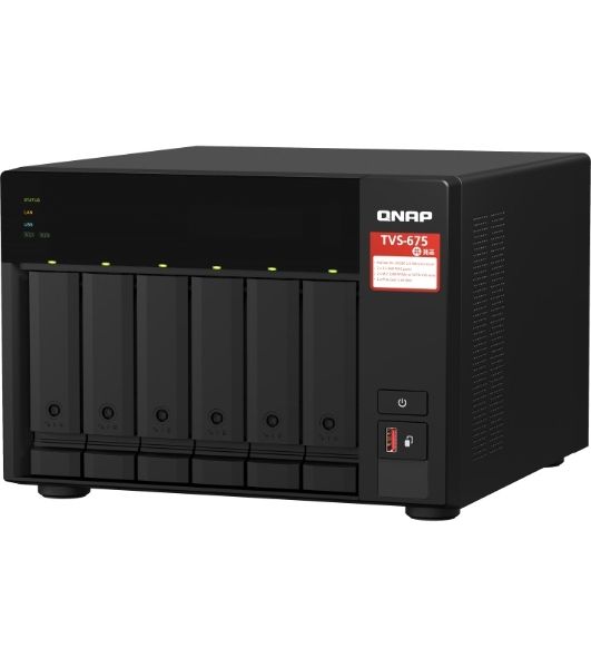 Сетевое хранилище без дисков SMB QNAP TVS-675-8G NAS, 6-tray w/o HDD, 2xM.2 SSD Slot, 1xHDMI-port. CPU 8-сore 64-bit x86 KX-U6580 2.5 GHz, 8GB DDR4 (1 x 8GB) up to 64GB (2 x 32GB), 2x 2.5 Gigabit LAN