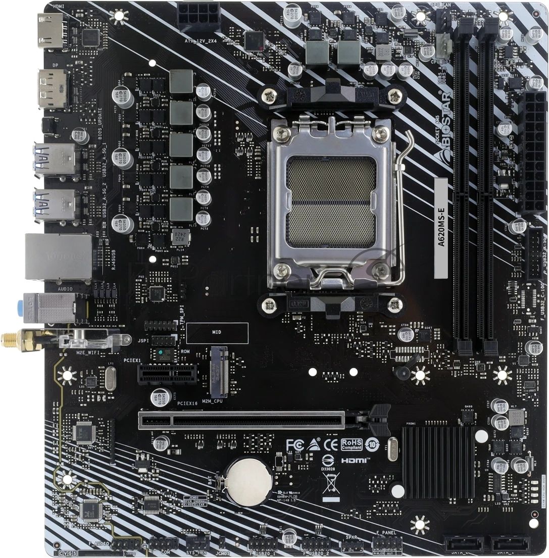 Материнская плата Biostar A620MS-E, AM5, AMD A620A, 2xDDR5, 2xSATA, 1xM.2, 1xPCIe 4.0 x16, 1xPCIe 3.0 x1, 1xHDMI, 1xDP, 1x1Gb LAN, 4xUSB-A 5Gbps, 2xUSB-A 2.0, 7.1, mATX