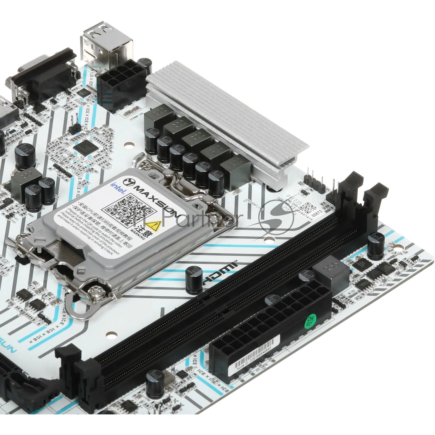 Материнская плата Maxsun B760M GAMING WIFI ICE, LGA 1700, Intel B760, 2xDDR4, 3xSATA, 1xM.2, 1xPCIe 4.0 x16, 1xPCIe x1, 1xVGA, 1xHDMI, 1x1Gb LAN, Wi-Fi 5, Bluetooth 4.2, 2xUSB-A 5Gbps, 4xUSB-A 2.0, 3x3.5 мм, 7.1, белый, mATX