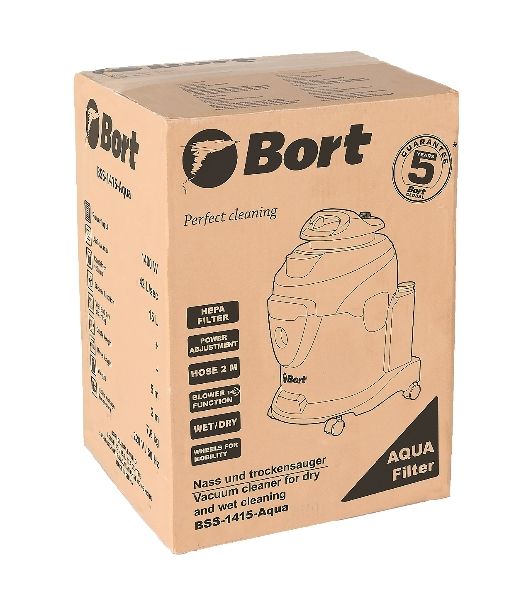 Строительный пылесос Bort BSS-1415-Aqua черный/синий, 200/1400 Вт, уборка сухая/влажная, пылесборник мешок/контейнер, 15 л