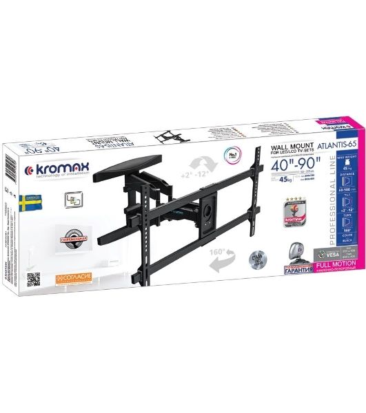 Кронштейн для телевизора Kromax ATLANTIS-65 черный 40"-90" макс.45кг настенный поворотно-выдвижной и наклонный