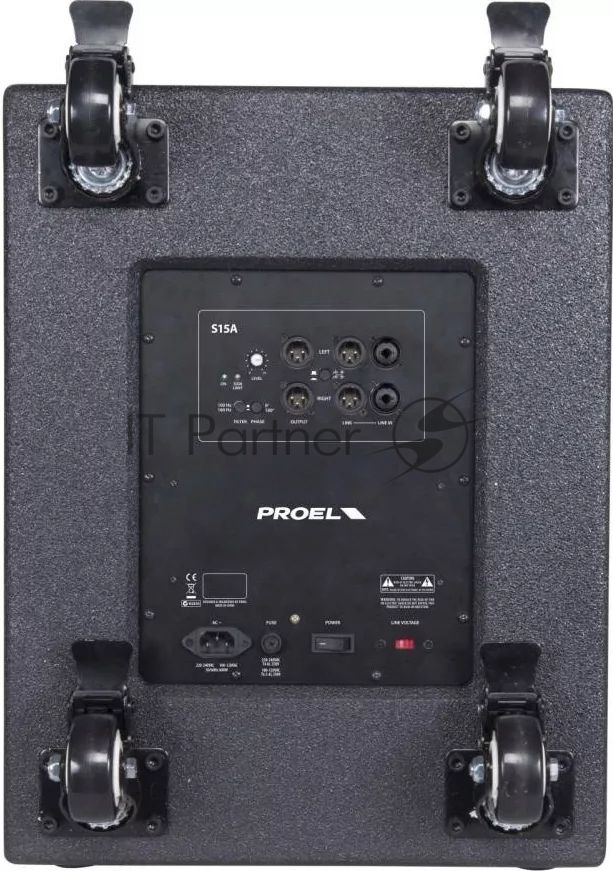 Активный сабвуфер PROEL S15A НЧ динамик 15", мощность пик. 1200 Вт, мощность ном. 600 Вт, АЧХ 40-160 Гц, макс. SPL 129 дБ, 2x Combo XLR/TRS входа, 2x XLR-M выхода, 2x XLR-M LINK, корпус фанера 15/18 мм, ручки для переноски 2 шт., гнездо для стойки