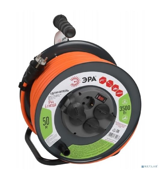 Удлинитель силовой ЭРА RMx-4es-3x2.5-50m-IP44 на металлической катушке с заземлением с выключателем 4 розетки 50 м ПВС