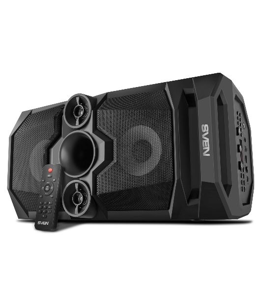Мобильные колонки SVEN PS-655 2.0 черные (2x25W, mini Jack, USB Type-C, USB flash, Bluetooth, FM, micro SD, ПДУ, LED экран, 4400 мA, RGB подсветка)