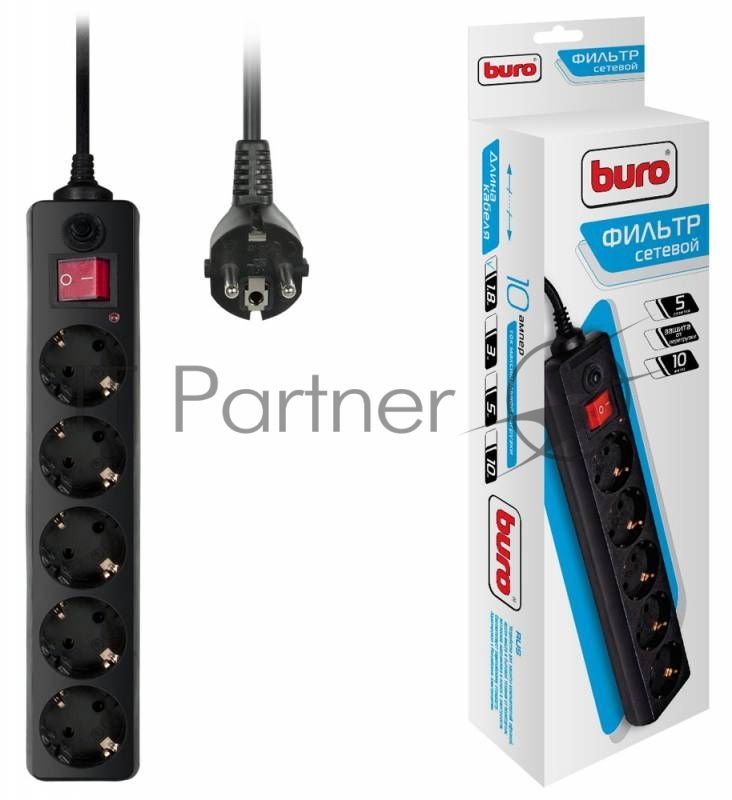 Сетевой фильтр Buro 500SH-1.8-B 1.8 м, 5 розеток, черный, коробка