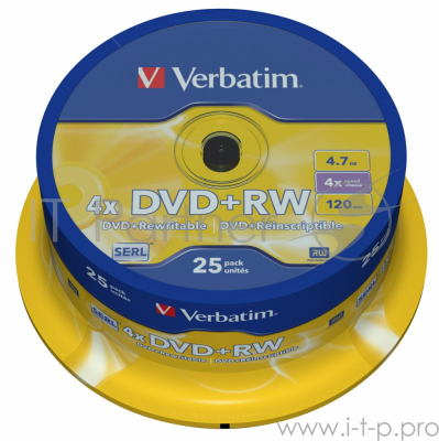 Диск DVD+RW Verbatim 4.7Gb 4x Cake Box (25шт) (43489)