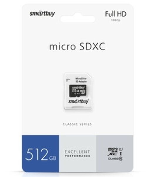 Флеш карта MicroSDXC 512Gb Smartbuy Class 10 PRO U3 R/W:90/70 MB/s, адаптер в комплекте