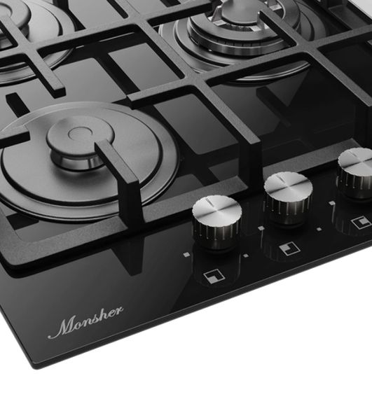 Варочная поверхность MONSHER MGG 44 Noir, High-Tech, газ, 45 см, газ-контроль, автоматический электроподжиг, чугунные решетки, форсунки под сжиженый газ, конфорки SABAF, поворотные переключатели, цвет черный