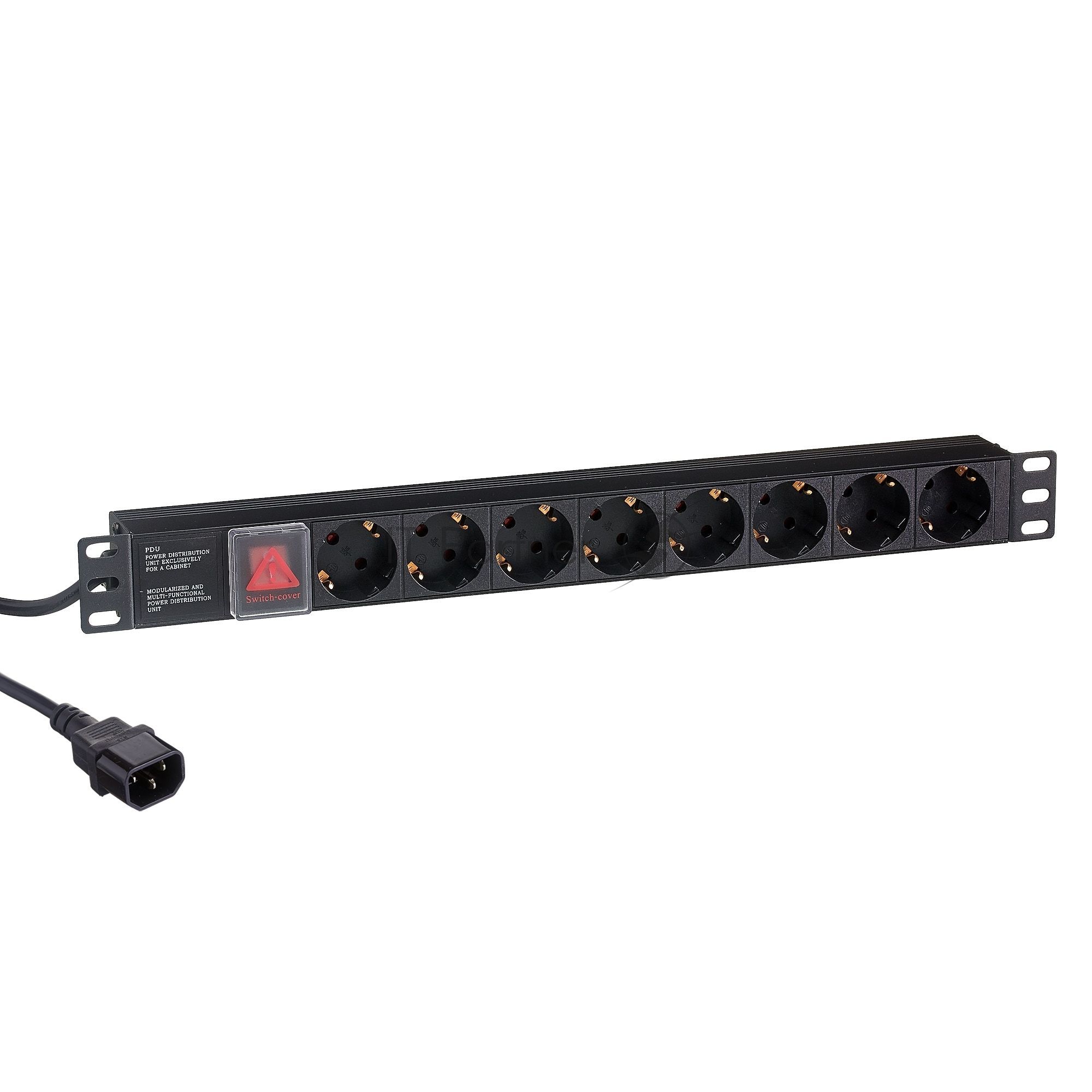 Блок розеток горизонтальный ExeGate ServerPro PDU-19H806 Al-8S-C14-3-SW, 19", 1U, Алюминий, 8 Schuko, кабель с вилкой C14 VDE-250V-10A-3*1.5мм2, 3 метра, выкл. с подсветкой SPD1, черный
