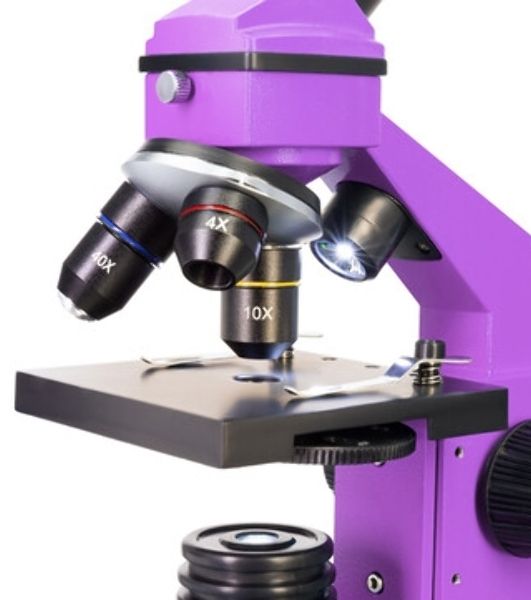 Микроскоп Levenhuk RAINBOW 2L AMETHYST/Аметист Микроскоп с предметным столиком, трехгнездным револьвером, фокусировочным механизмом, двумя источниками света с регулировкой яркости Монокулярная насадка Объективы: 4х, 10х, 40х, Увеличение микроскопа: 64-640