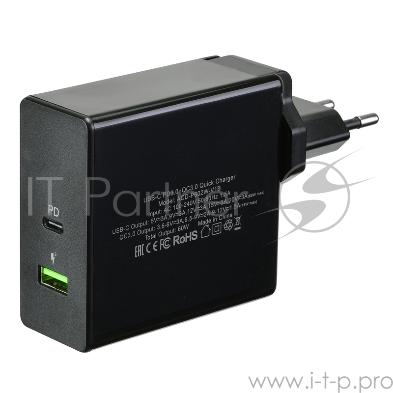 Сетевое зарядное устройство ACD-P602W-V1B 60Вт, 2xUSB 1PD+1QC, 3.6~20В/3А RTL