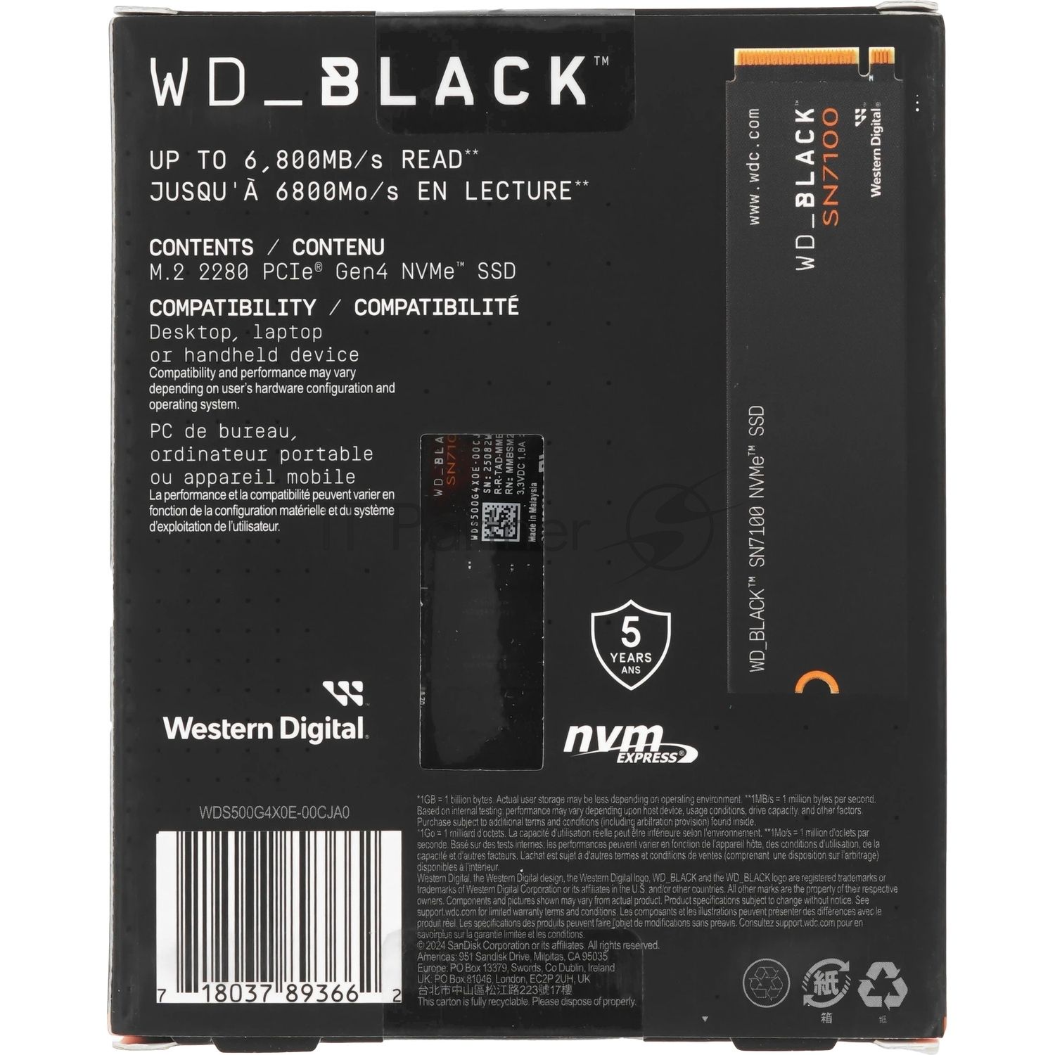 Накопитель SSD Western Digital черный SSD SN7100 M2.2280 PCIe 4.0 500Gb, 6800MBs/5000MBs, TbW 300, WDS500G4X0E, 1 year