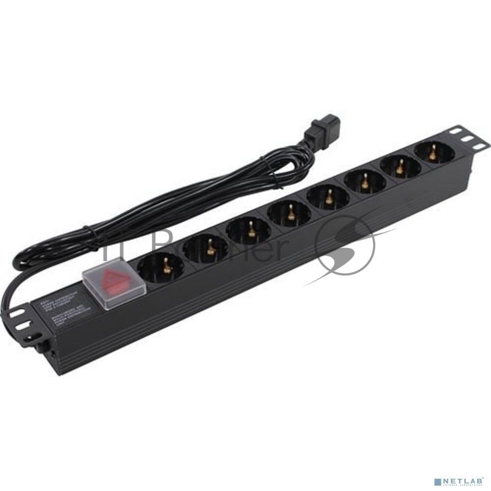 Блок розеток горизонтальный ExeGate ServerPro PDU-19H806 Al-8S-C14-3-SW, 19", 1U, Алюминий, 8 Schuko, кабель с вилкой C14 VDE-250V-10A-3*1.5мм2, 3 метра, выкл. с подсветкой SPD1, черный