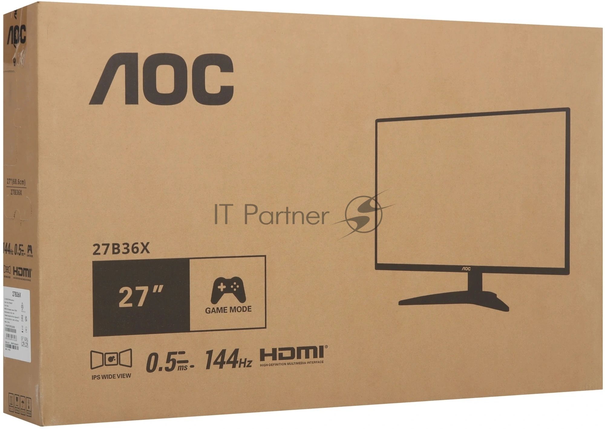 Монитор 27" AOC 27B36X IPS 1920x1080, 144 Гц, 4 мс, 16:9, 250 кд/м², HDMI, DisplayPort, Flicker Free, Low Blue Light, черный