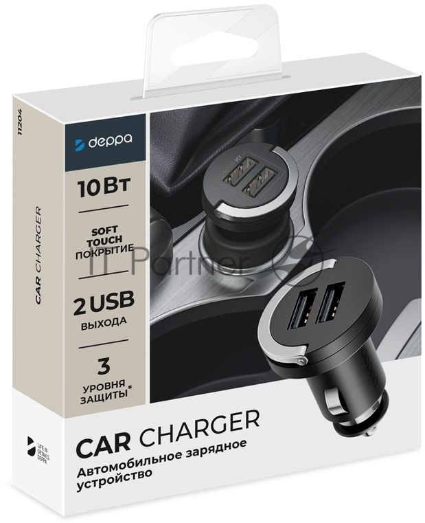 Автомобильное зарядное устройство DEPPA 11204,  2xUSB,  2100мА, черный