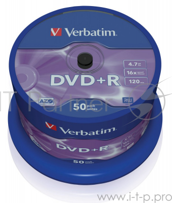 Диск DVD+R Verbatim 4.7Gb 16x Cake Box (50шт) (43550)