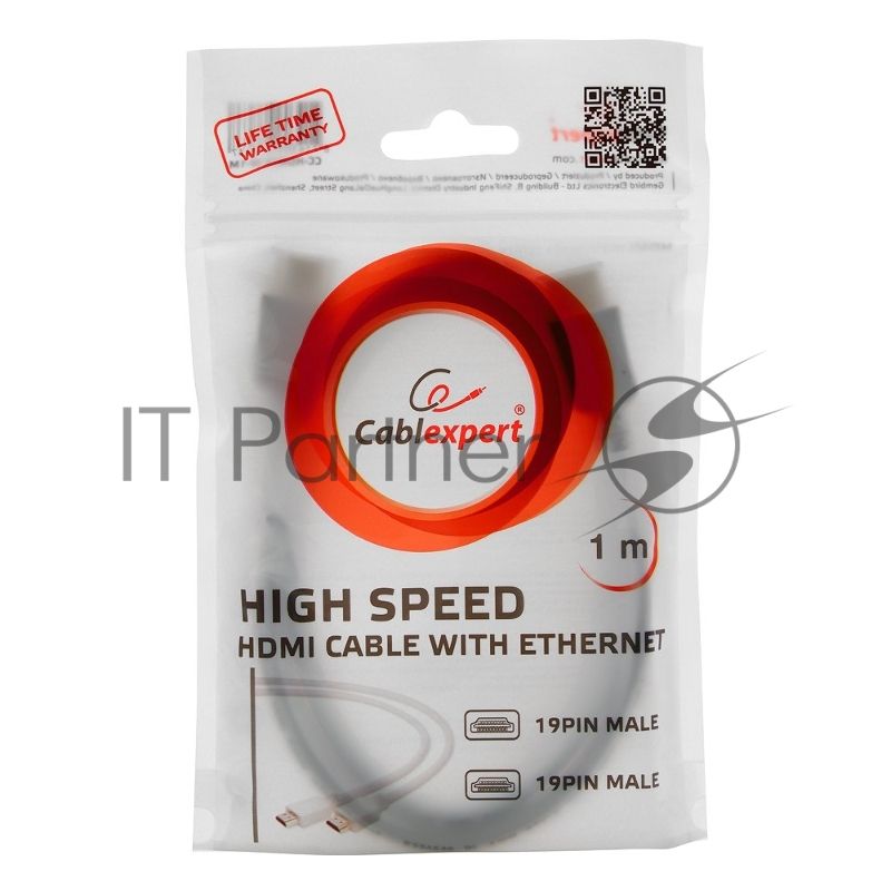 Кабель Cablexpert HDMI CC-HDMI4-W-1M, 19M/19M, v2.0, медь, позол.разъемы, экран, 1м, белый, пакет