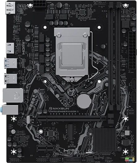 Материнская плата Maxsun Challenger B460M-D, LGA 1200, Intel B460, 2xDDR4, 2xSATA, 1xM.2, 1xPCIe 3.0 x16, 1xPCIe x1, 1xHDMI, 1xDP, 1x1Gb LAN, 2xUSB-A 5Gbps, 4xUSB-A 2.0, 3x3.5 мм, 7.1, mATX