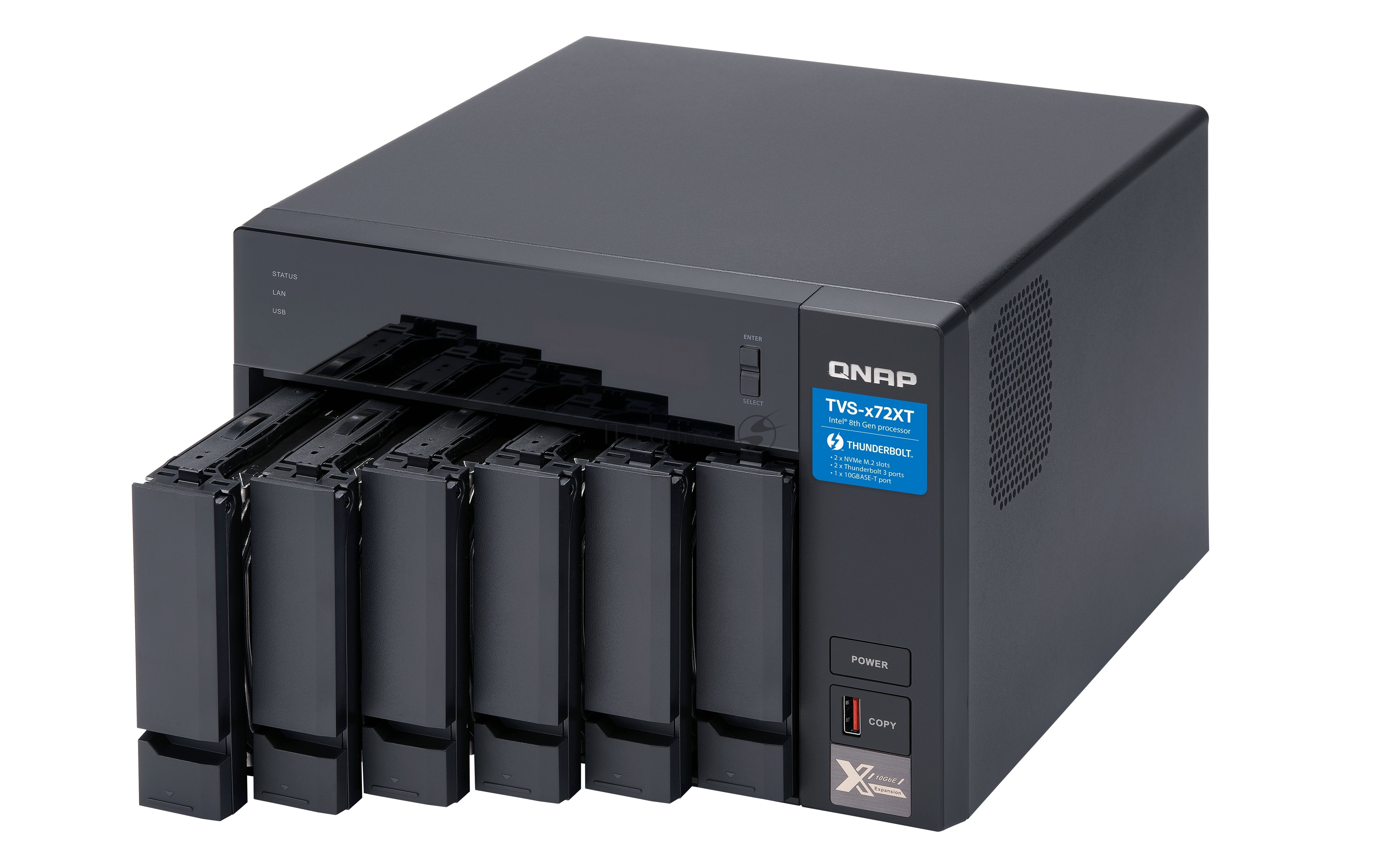 Сетевое хранилище без дисков SMB QNAP TVS-672XT-i3-8G 6-Bay NAS, Intel Core i3-8100T 4-core 3.1 GHz Processor, 8GB DDR4 RAM (max 32GB RAM), 6x 2.5"/3.5" SATA HDD/SSD + 2x M.2 PCIe SSD slot, 2xGbE LAN, 1 x 10GBase-T, 2 x Thunderbolt 3 port