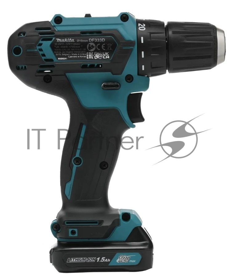 Дрель-шуруповерт Makita DF333DYX14, 12 В, 1.5 Ач, 30 Нм, щеточный