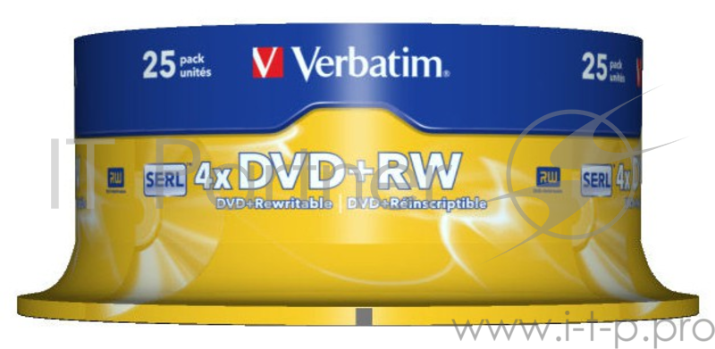 Диск DVD+RW Verbatim 4.7Gb 4x Cake Box (25шт) (43489)