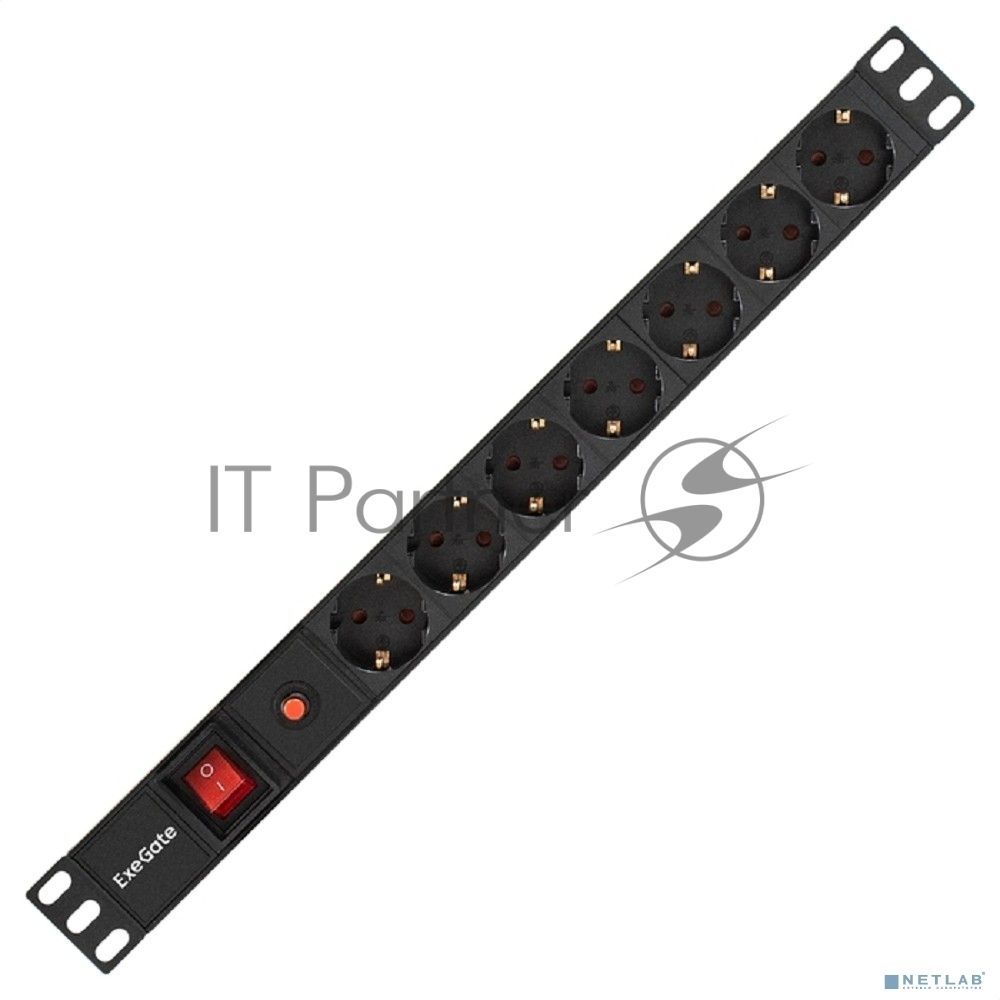 Блок розеток горизонтальный ExeGate ServerPro PDU-19H702 Al-7S-C14-SW-O, 19", 1U, Алюминий, 7 Schuko, С14, защита от перегрузки, черный