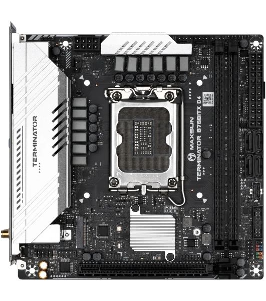 Материнская плата Maxsun Terminator B760ITX D4 WIFI V3, LGA 1700, Intel B760, 2xDDR4 (до 64 ГБ), 4xSATA, 2xM.2 (PCIe 4.0 x4), 1xPCIe 5.0 x16, 1xHDMI, 1xDP, 1x2.5Gb LAN, Wi-Fi 6E, Bluetooth 5.3, 1xUSB-C 20Gbps, 4xUSB-A 5Gbps, 4xUSB-A 2.0, 3x3.5 мм, 7.1, чё