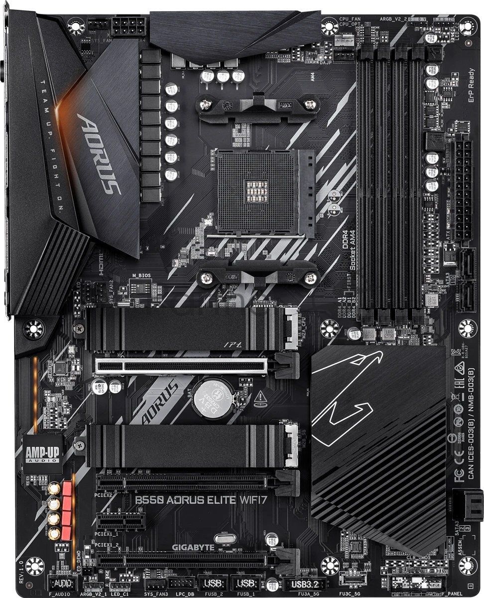Материнская плата Gigabyte B550 AORUS ELITE WIFI7, AM4, AMD B550, 4xDDR4, 4xSATA 6Gb/s, 2xM.2, 1xPCIe 4.0 x16, 2xPCIe 3.0 x16, 1xPCIe 3.0 x1, 1xHDMI, 1xDisplayPort, 1x2.5GbE LAN, 2xUSB 3.2 Gen 2 Type-A, 3xUSB 3.2 Gen 1, 2xUSB 2.0, 5x3.5 мм, 7.1, ATX