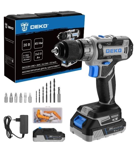 Дрель-шуруповерт Deko DKCD20V ONE+, 20 В, 2 Ач, 45 Нм, щеточный