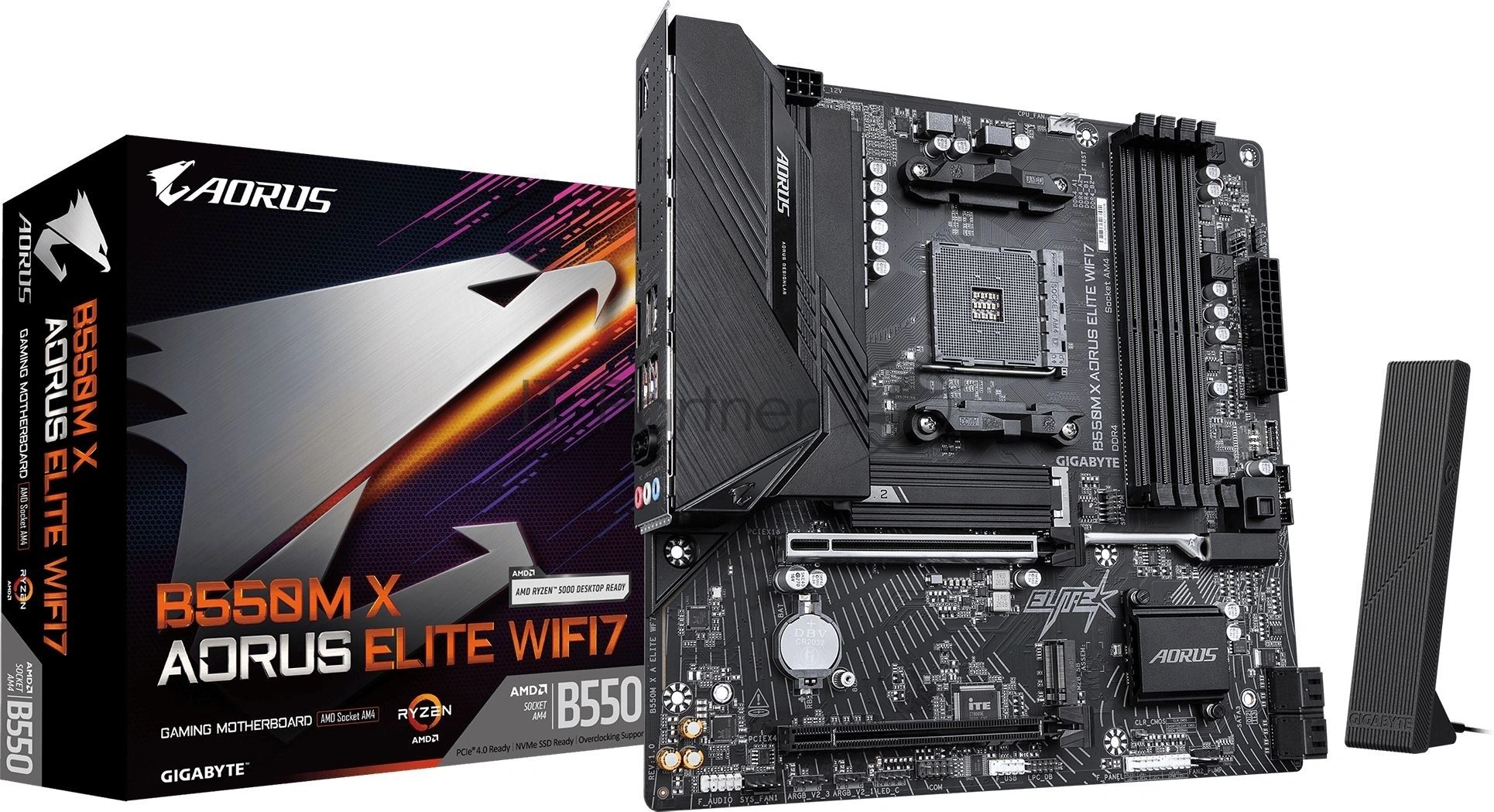 Материнская плата Gigabyte B550M X AORUS ELITE WIFI7, AM4, AMD B550, 4xDDR4, 4xSATA, 2xM.2, 1xPCIe 4.0 x16, 1xPCIe 3.0 x4, 1xHDMI, 1xDisplayPort, 1x 2.5Gb LAN, 5xUSB 3.2 Gen 1, 1xUSB Type-C, 2xUSB 2.0, 3x3.5 мм, 7.1, microATX