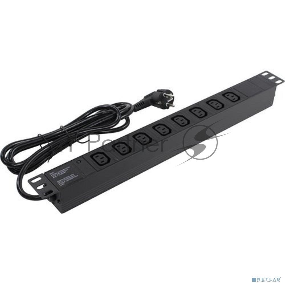 Блок розеток горизонтальный ExeGate ServerPro PDU-19H809 Al-8C13-EU2.5, 19", 1U, Алюминий, 8 IEC 320 C13, кабель с евровилкой VDE-250V-16A-3*1.5мм2, 2.5 метра, черный