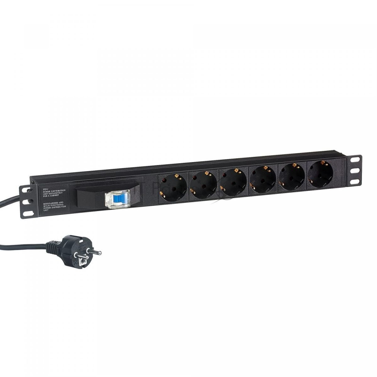 Блок розеток горизонтальный ExeGate ServerPro PDU-19H610 Al-6S-EU2.5-1P, 19", 1U, Алюминий, 6 Schuko, кабель с евровилкой VDE-250V-16A-3*1.5мм2, 2.5 метра, защита от перегрузки, черный