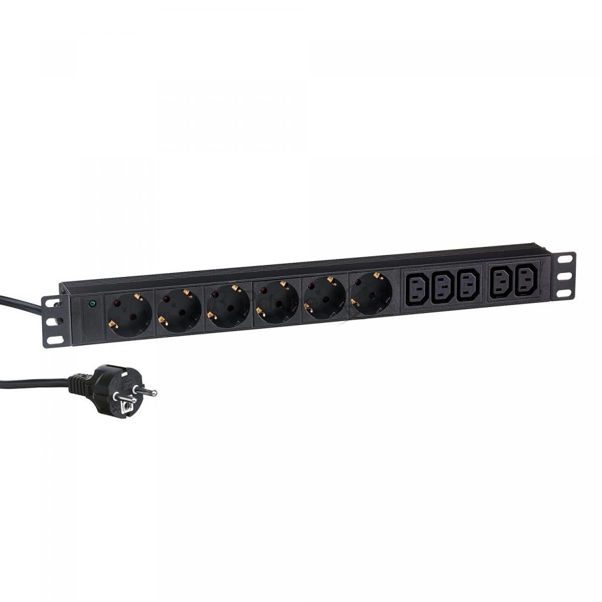 Блок розеток горизонтальный ExeGate ServerPro PDU-19H011 Al-5C136S-EU2.5, 19", 1U, Алюминий, 5 IEC 320 C13, 6 Schuko,кабель с евровилкой VDE-250V-16A-3*1.5mm2, 2.5 метра, черный