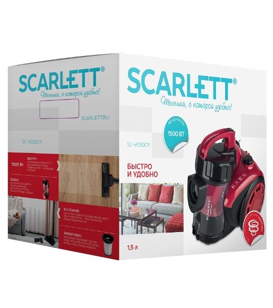 Пылесос Scarlett SC-VC80C11 красный/черный, 320/1500 Вт, уборка сухая, пылесборник контейнер 1.5 л