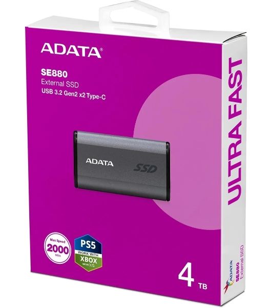 Внешний SSD ADATA Elite SE880, 4TB, USB 3.2 Gen 2x2 Type-C, R/W 2000/2000, серый