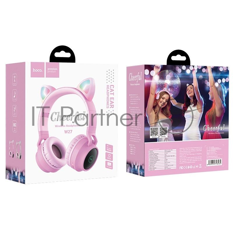 Беспроводные/проводные наушники Hoco W27 серый, накладные, Bluetooth + проводной, "кошачьи ушки", до 5 ч.